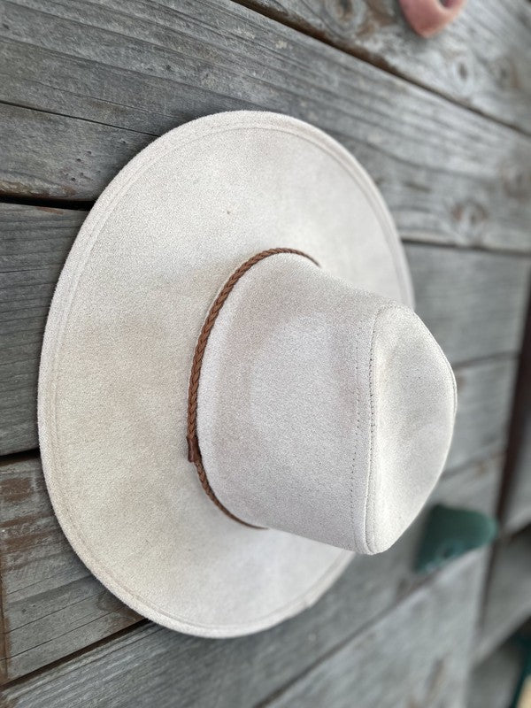 Faux suede wide brim panama with braided band