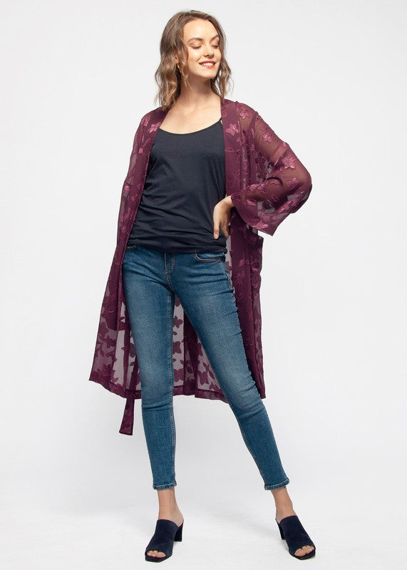 Pleione Sheer Floral Embossed Robe Cardigan