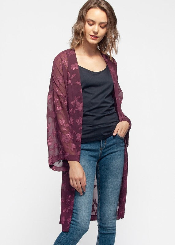 Pleione Sheer Floral Embossed Robe Cardigan