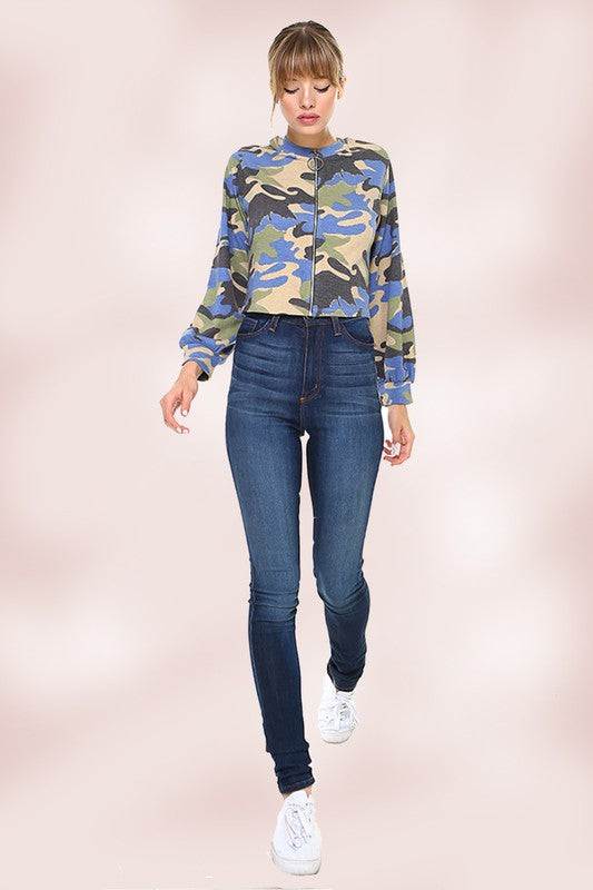 Zipper Crop Jacket with Camouflage