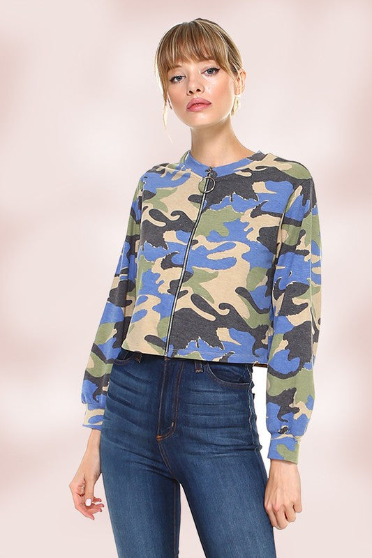 Zipper Crop Jacket with Camouflage