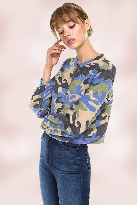 Zipper Crop Jacket with Camouflage