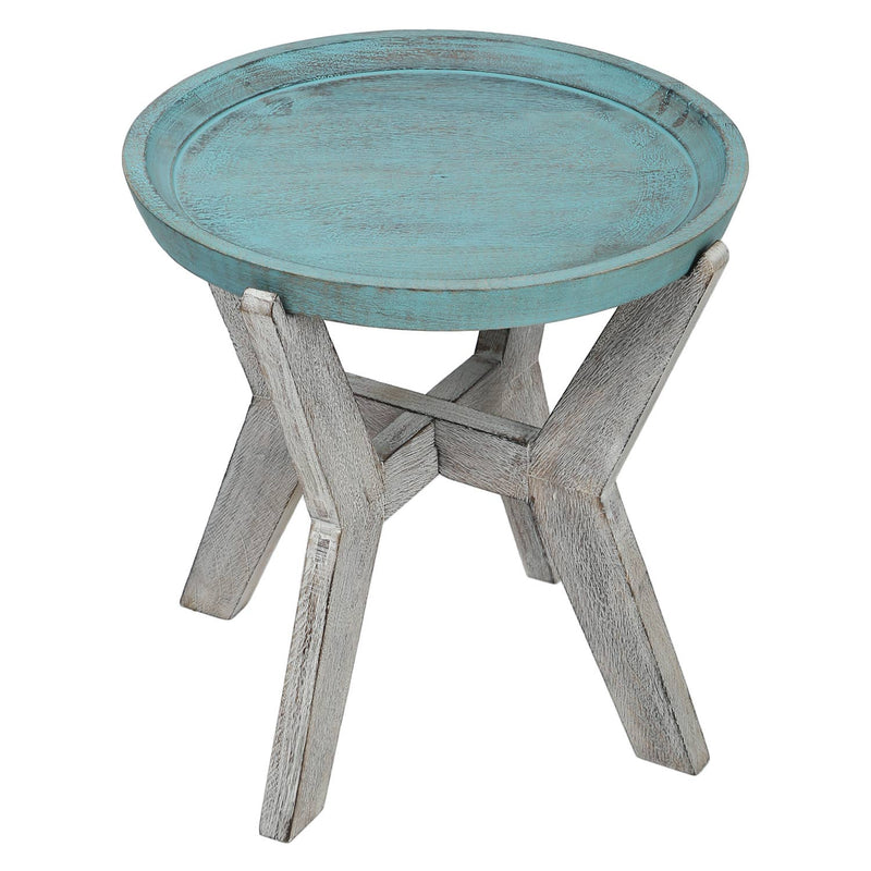 SAVON Serving Table Wood Side end Round Blue Rustic Wooden