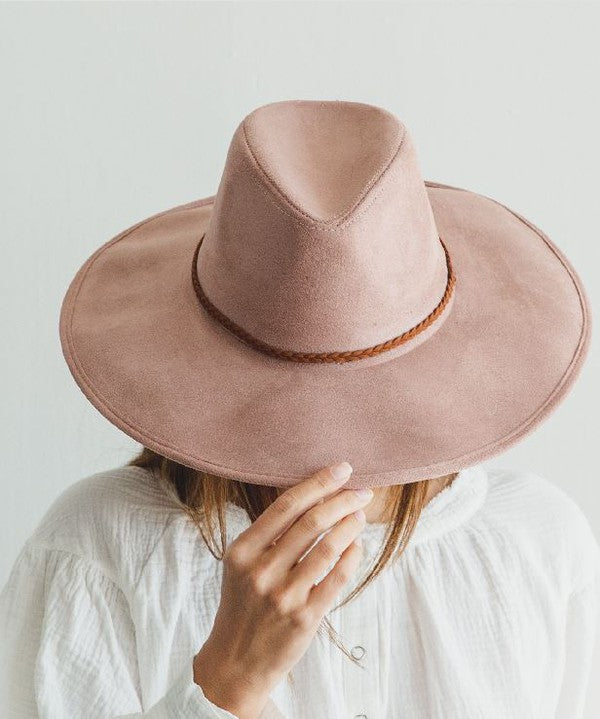 Faux suede wide brim panama with braided band
