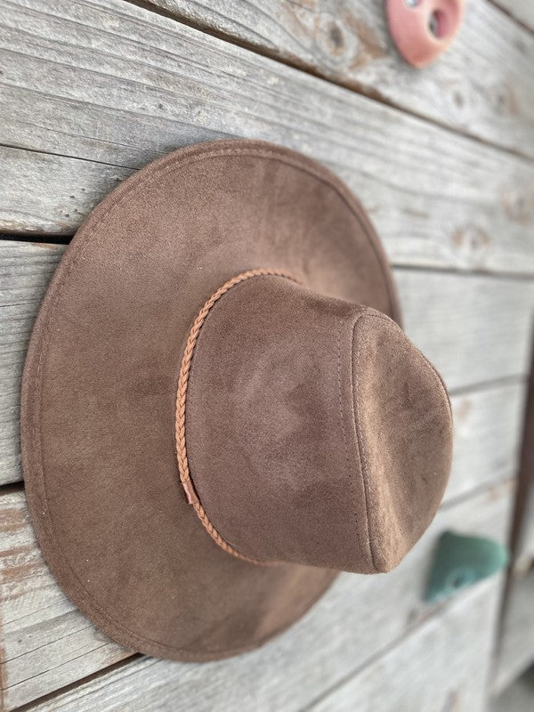 Faux suede wide brim panama with braided band