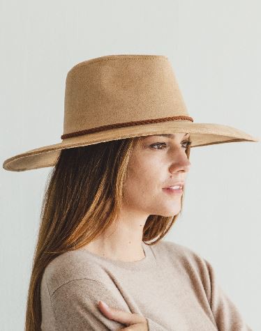 Faux suede wide brim panama with braided band