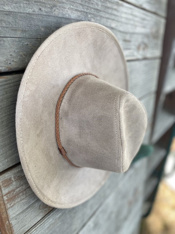 Faux suede wide brim panama with braided band