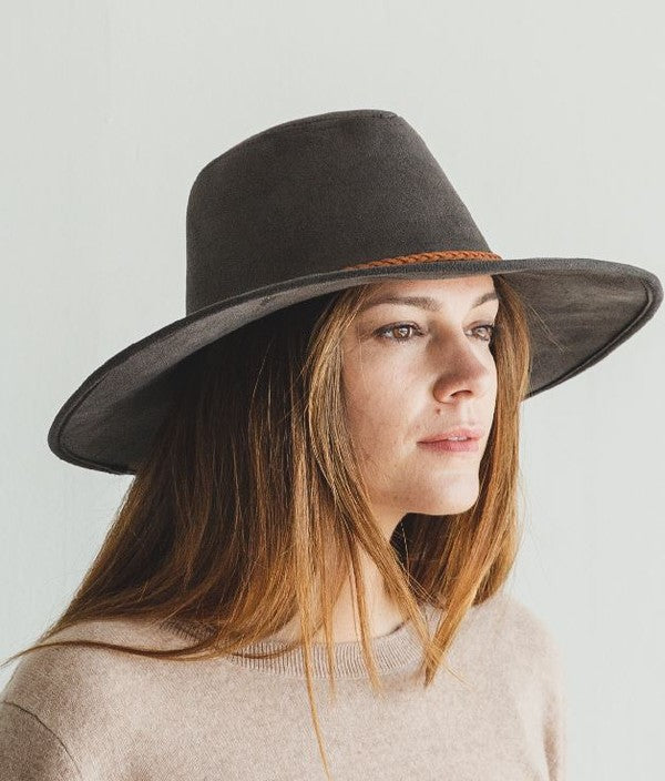 Faux suede wide brim panama with braided band