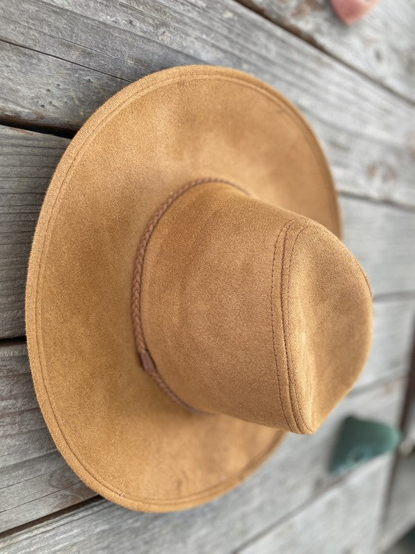 Faux suede wide brim panama with braided band