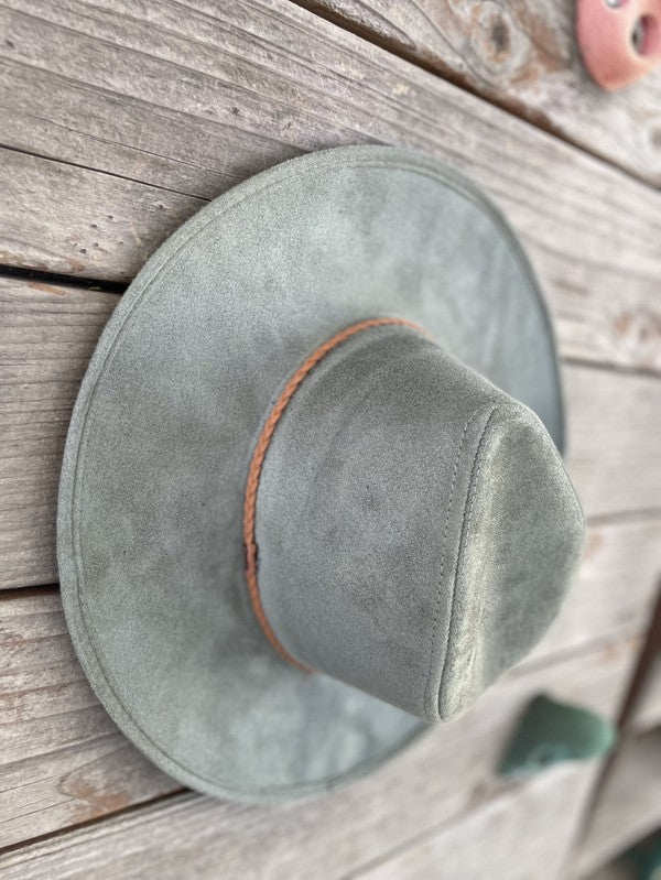 Faux suede wide brim panama with braided band