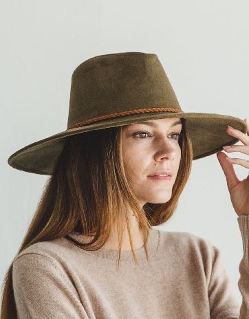 Faux suede wide brim panama with braided band