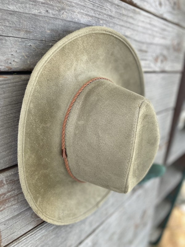 Faux suede wide brim panama with braided band