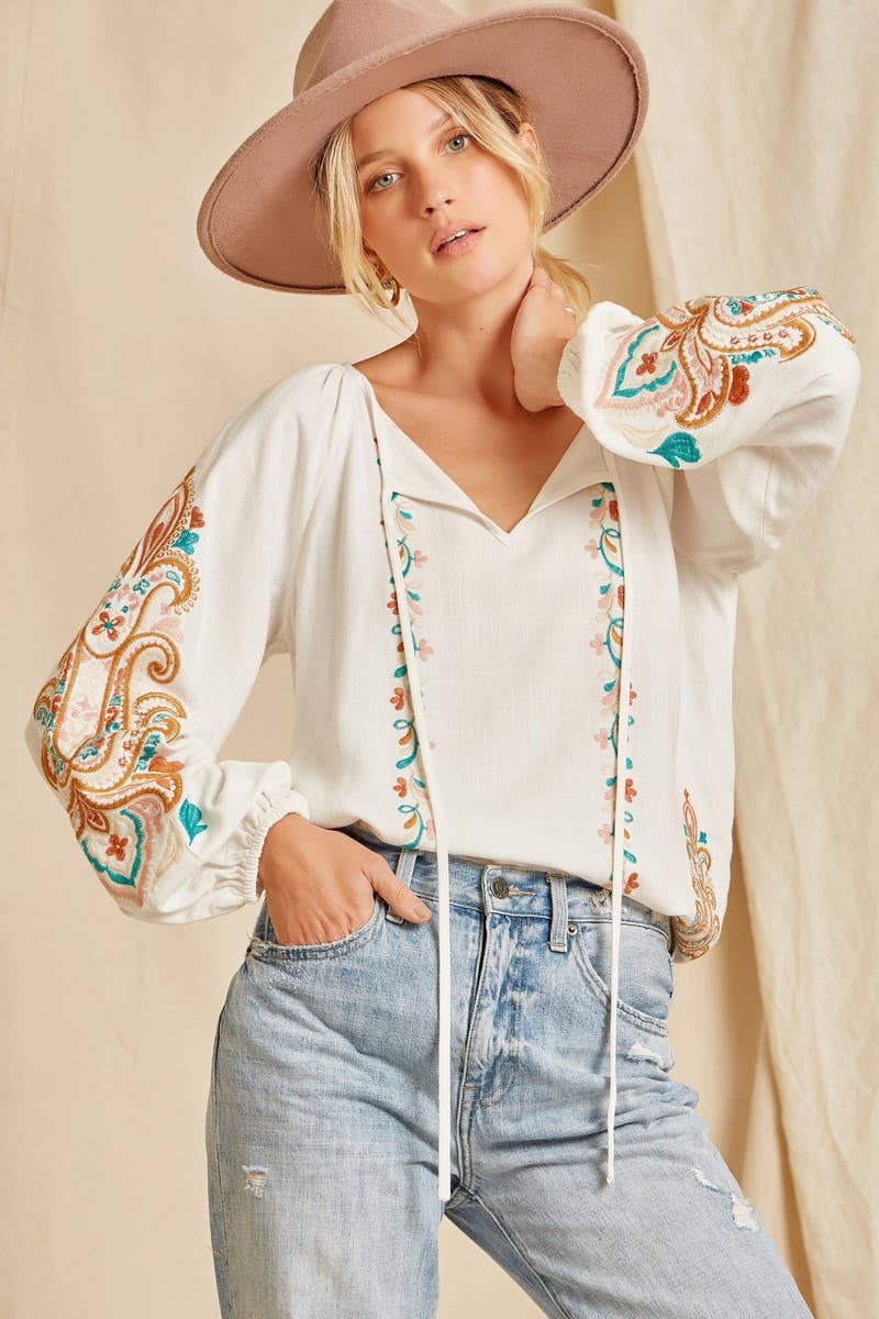 Linen Look Embroidered Top with Embroidery on Sleeves.... So Striking