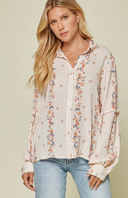 Button Down Printed Balloon Sleeve