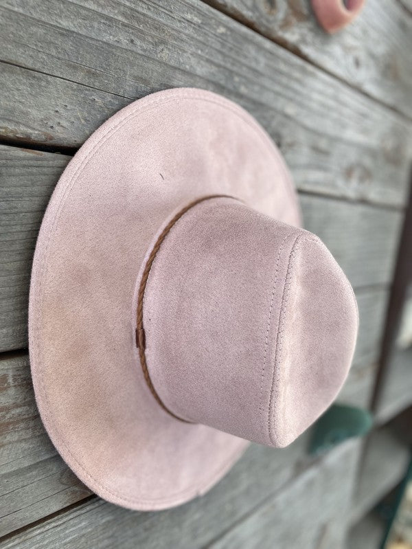 Faux suede wide brim panama with braided band
