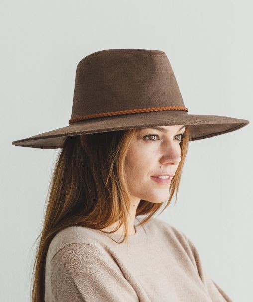 Faux suede wide brim panama with braided band