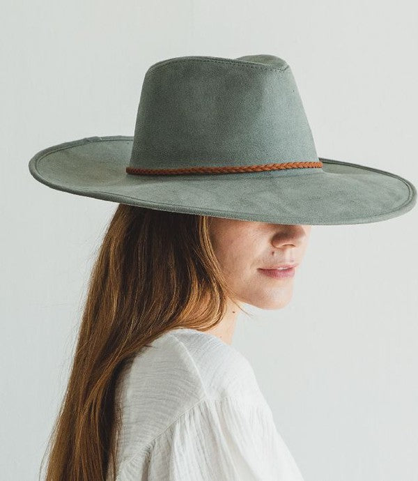 Faux suede wide brim panama with braided band