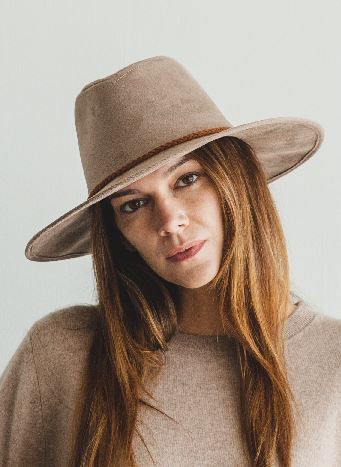 Faux suede wide brim panama with braided band