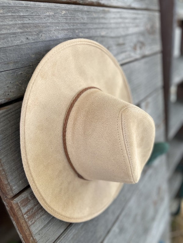Faux suede wide brim panama with braided band